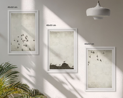 3 paveikslų rinkinys su rėmais Paukščiai skrenda minimalistiniu stiliumi