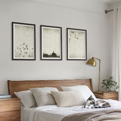 3 paveikslų rinkinys su rėmais Paukščiai skrenda minimalistiniu stiliumi