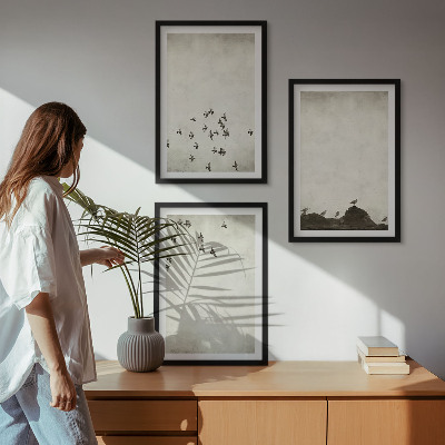 3 paveikslų rinkinys su rėmais Paukščiai skrenda minimalistiniu stiliumi