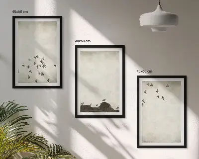 Paveikslų rinkinys „Paukščiai skrenda minimalistiniu stiliumi“ 3 paveikslai su rėmais