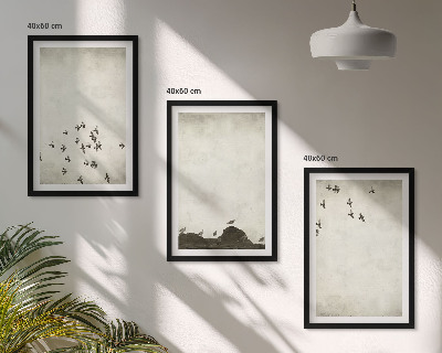 3 paveikslų rinkinys su rėmais Paukščiai skrenda minimalistiniu stiliumi