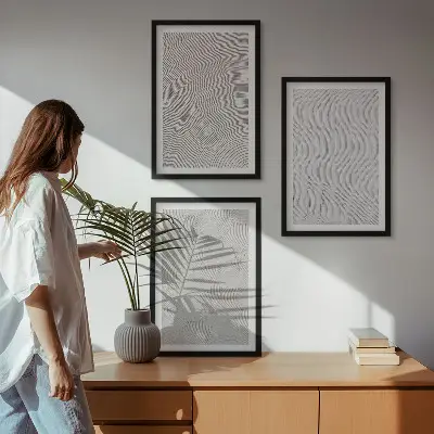 Įrėmintas triptikas smėlio raštai su geometrinėmis struktūromis