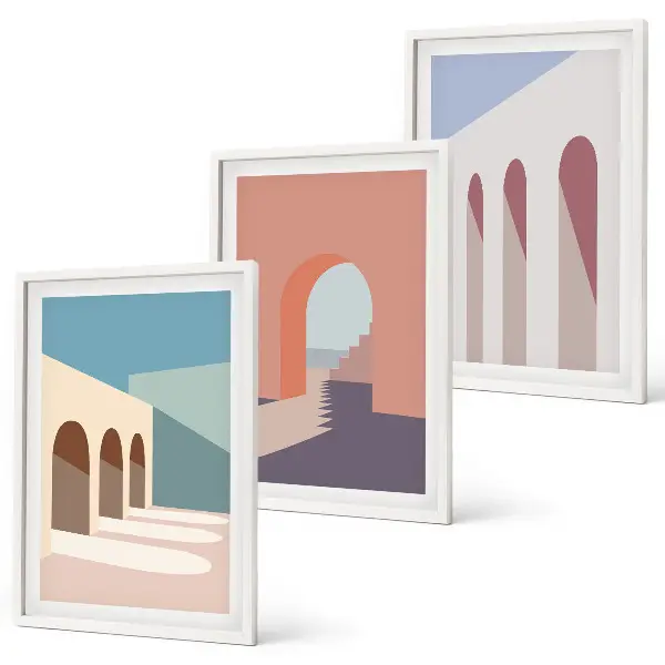 Pastelinė architektūrinė grafika 3 paveikslų rinkinys su rėmais