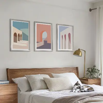 Pastelinė architektūrinė grafika 3 paveikslų rinkinys su rėmais