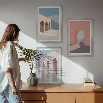 Pastelinė architektūrinė grafika 3 paveikslų rinkinys su rėmais