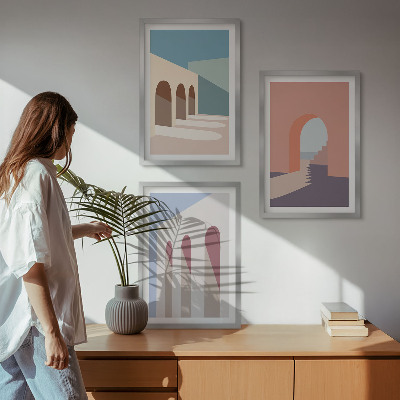 3 paveikslų rinkinys su rėmais Pastelinė architektūrinė grafika