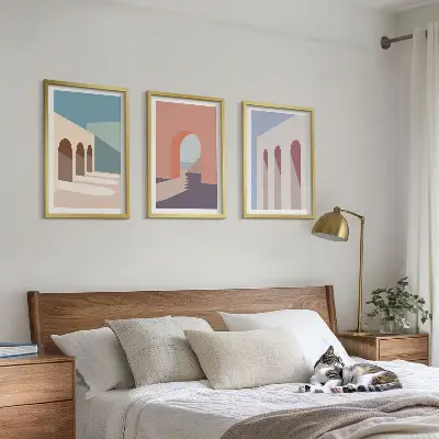 Pastelinė architektūrinė grafika 3 paveikslų rinkinys su rėmais