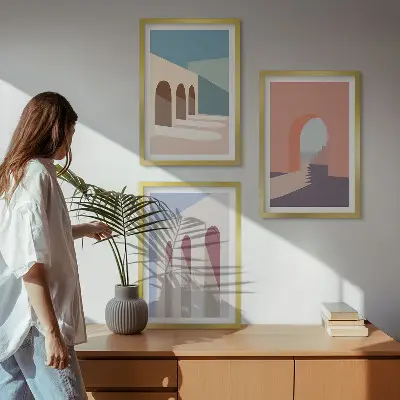 Pastelinė architektūrinė grafika 3 paveikslų rinkinys su rėmais