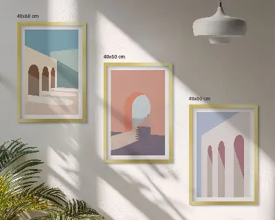 Pastelinė architektūrinė grafika 3 paveikslų rinkinys su rėmais