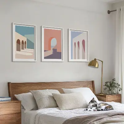 Pastelinė architektūrinė grafika 3 paveikslų rinkinys su rėmais