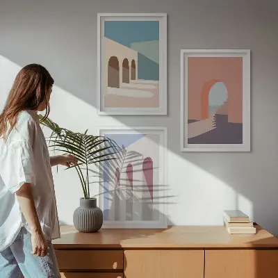 Pastelinė architektūrinė grafika 3 paveikslų rinkinys su rėmais