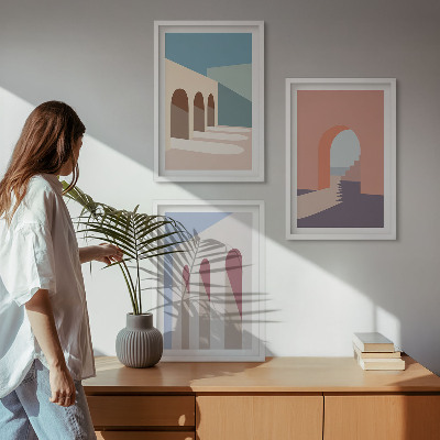 3 paveikslų rinkinys su rėmais Pastelinė architektūrinė grafika