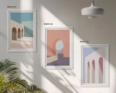 Pastelinė architektūrinė grafika 3 paveikslų rinkinys su rėmais