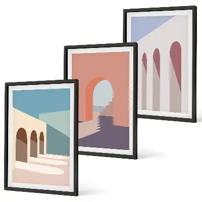 Pastelinė architektūrinė grafika 3 paveikslų rinkinys su rėmais