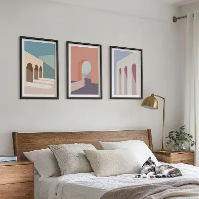 Pastelinė architektūrinė grafika 3 paveikslų rinkinys su rėmais
