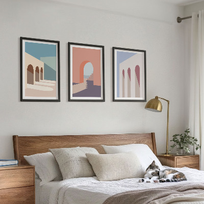 3 paveikslų rinkinys su rėmais Pastelinė architektūrinė grafika