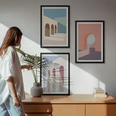 Pastelinė architektūrinė grafika 3 paveikslų rinkinys su rėmais