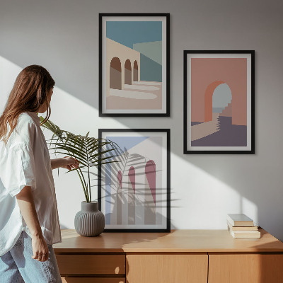 3 paveikslų rinkinys su rėmais Pastelinė architektūrinė grafika
