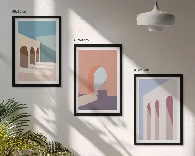 Pastelinė architektūrinė grafika 3 paveikslų rinkinys su rėmais