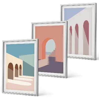 Pastelinė architektūrinė grafika 3 paveikslų rinkinys su rėmais