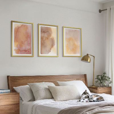 3 paveikslų rinkinys su rėmais Šiltos akvarelės spalvingos tekstūros