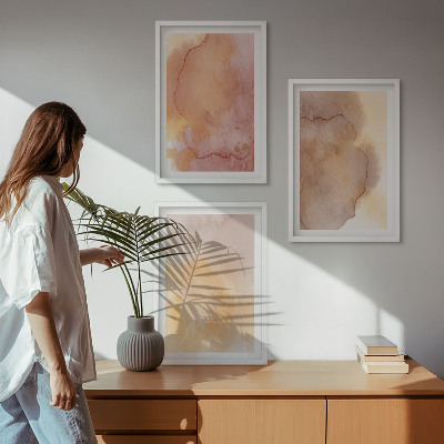 3 paveikslų rinkinys su rėmais Šiltos akvarelės spalvingos tekstūros