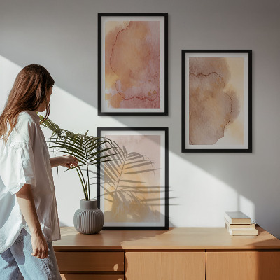 3 paveikslų rinkinys su rėmais Šiltos akvarelės spalvingos tekstūros