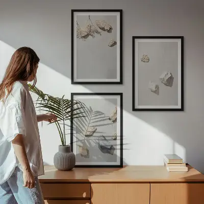 Boho stiliaus akmenų ir paplūdimio dekoracijų triptikas įrėmintas paveikslų rinkinys