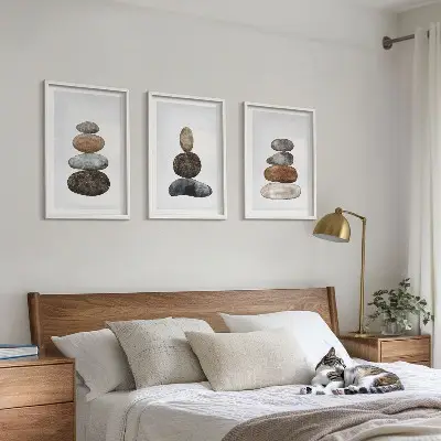 Minimalistiniai boho akmenys 3 paveikslų rinkinys su rėmais