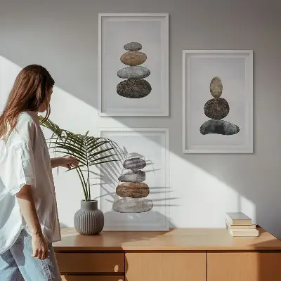 Minimalistiniai boho akmenys 3 paveikslų rinkinys su rėmais