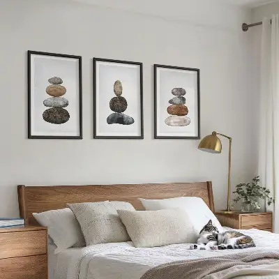 Minimalistiniai boho akmenys 3 paveikslų rinkinys su rėmais