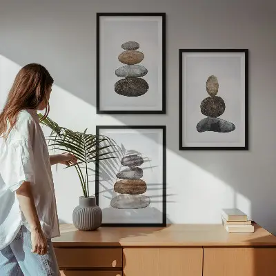 Minimalistiniai boho akmenys 3 paveikslų rinkinys su rėmais