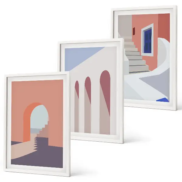 Minimalistinės architektūros iliustracijos 3 paveikslų rinkinys su rėmais