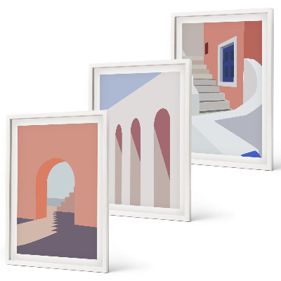 3 paveikslų rinkinys su rėmais Minimalistinės architektūros iliustracijos