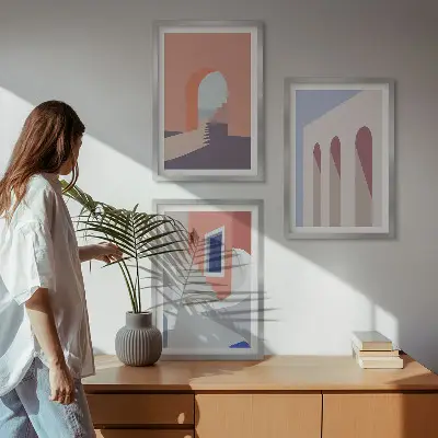 Minimalistinės architektūros iliustracijos 3 paveikslų rinkinys su rėmais