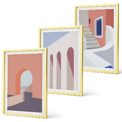Minimalistinės architektūros iliustracijos 3 paveikslų rinkinys su rėmais