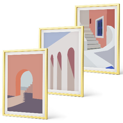 3 paveikslų rinkinys su rėmais Minimalistinės architektūros iliustracijos