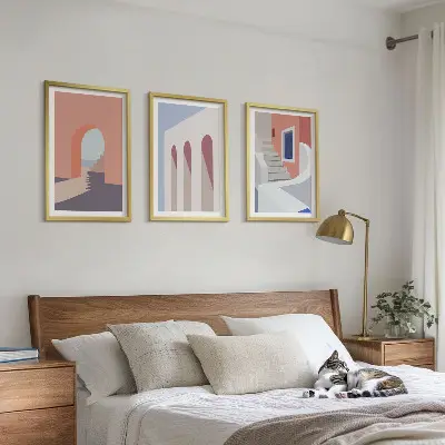Minimalistinės architektūros iliustracijos 3 paveikslų rinkinys su rėmais