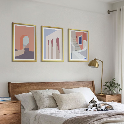 3 paveikslų rinkinys su rėmais Minimalistinės architektūros iliustracijos