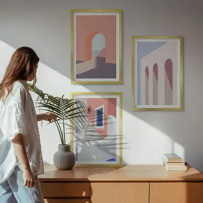 Minimalistinės architektūros iliustracijos 3 paveikslų rinkinys su rėmais