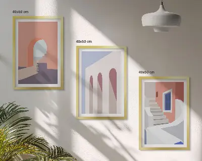 Minimalistinės architektūros iliustracijos 3 paveikslų rinkinys su rėmais