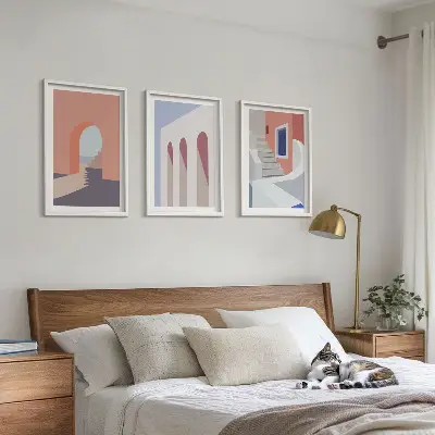 Minimalistinės architektūros iliustracijos 3 paveikslų rinkinys su rėmais