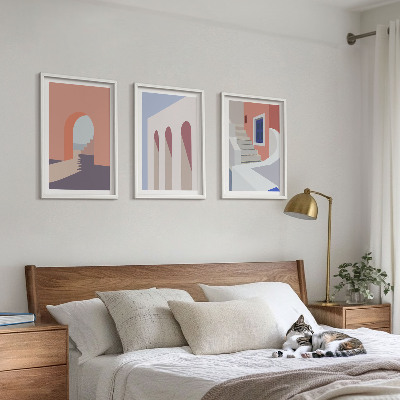 3 paveikslų rinkinys su rėmais Minimalistinės architektūros iliustracijos