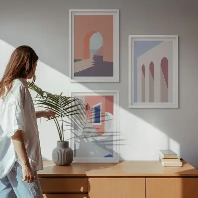 Minimalistinės architektūros iliustracijos 3 paveikslų rinkinys su rėmais