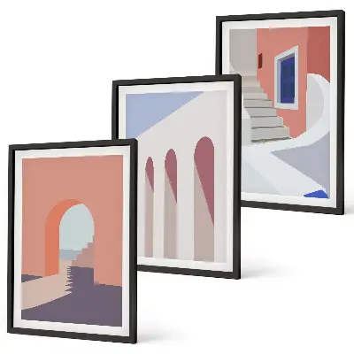 Minimalistinės architektūros iliustracijos 3 paveikslų rinkinys su rėmais