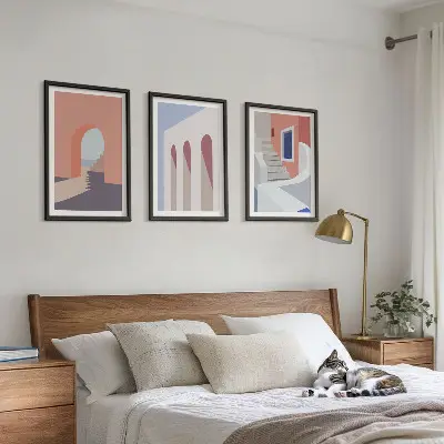 Minimalistinės architektūros iliustracijos 3 paveikslų rinkinys su rėmais