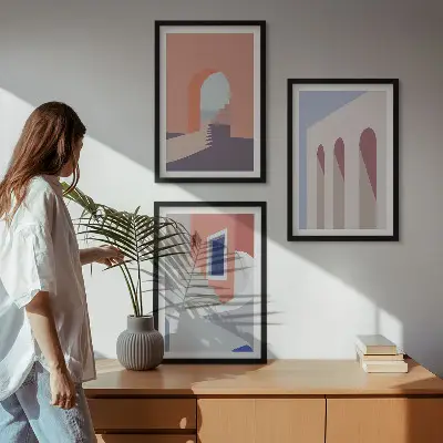 Minimalistinės architektūros iliustracijos 3 paveikslų rinkinys su rėmais