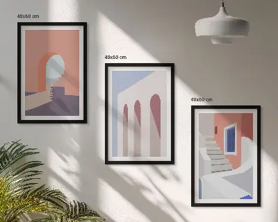 Minimalistinės architektūros iliustracijos 3 paveikslų rinkinys su rėmais