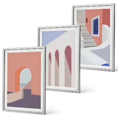 Minimalistinės architektūros iliustracijos 3 paveikslų rinkinys su rėmais