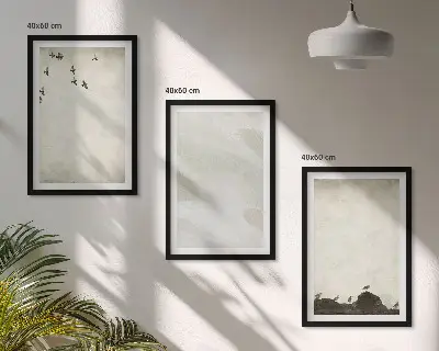 3 paveikslų rinkinys su rėmais dekoracijos su paukščių akmenų ir teptuko potėpių motyvais